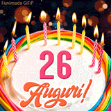 Un'animazione celebrativa di una torta di compleanno per i 26 anni, Le fiamme delle candeline tremolano e delle scintille brillano intorno, creando un'atmosfera festosa e magica.