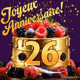 Une animation de célébration d'un gâteau de 26ème anniversaire, Des étoiles dorées tombent du ciel, mettant en valeur le texte 'Joyeux Anniversaire !' et le nombre doré 26 à l'avant du gâteau.