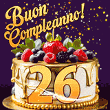 Un GIF animato di una bellissima torta per il 26° compleanno con glassa dorata e frutti di bosco freschi, Il numero dorato 26 è davanti, e stelle cadono su uno sfondo viola scuro.