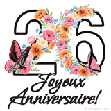 Ce GIF de Joyeux 26ème Anniversaire présente le nombre vingt rempli d'un bouquet vibrant de fleurs animées, avec des papillons qui bougent doucement sur un fond blanc.