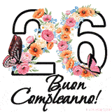 Questo GIF di Buon 26° Compleanno mostra il numero venti riempito con un vibrante bouquet di fiori animati, con farfalle che si muovono dolcemente su uno sfondo bianco.
