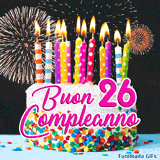 Immagine animata per i 26 anni: GIF di una torta di compleanno con candele luminose, zuccherini colorati e spettacolari effetti pirotecnici.
