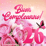 Immagine animata per i 26 anni: GIF di rose rosa bellissime, farfalla in movimento e la scritta di buon compleanno tra stelle luccicanti.