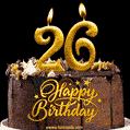 26 Birthday Chocolate Cake with Gold Glitter Number 26 Candles (GIF)