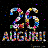 Il numero 26 e l'espressione Auguri disegnati da gioielli brillanti multicolori, circondati da piccole scintille su uno sfondo scuro.