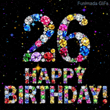 On a dark backdrop, the number 26 and Happy Birthday phrase are built using colorful glittering jewels, accompanied by tiny animated twinkling bright stars.