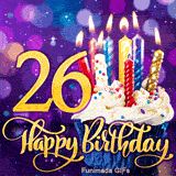 Gold number 26 and Happy Birthday lettering beside a frosted cupcake topped with colorful burning candles on a glowing purple bokeh backdrop.
