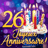 Animation festive 26 ans avec le nombre 26 doré, un cupcake aux bougies illuminées et des paillettes scintillantes.