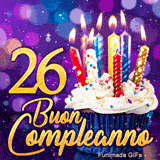 Animazione festosa 26 anni con il numero 26 dorato, un cupcake con candele illuminate e luci risplendenti.