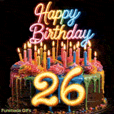 Animated rotating colorful cake GIF for 26th birthday with rainbow drip icing, lit candles, and glowing yellow number 26.