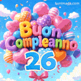 Lettere a palloncino colorate che formano Buon Compleanno fluttuano dolcemente, accompagnate dal grande numero azzurro 26 attaccato ai nastri.