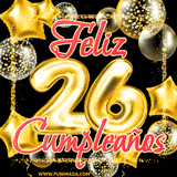 A large of balloons in various shapes, sizes, and colors with the words 'Happy Birthday' and a number 26