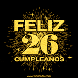 GIF animado con un diseño dorado, mostrando el número 26 rodeado de fuegos artificiales y luces que resaltan una atmósfera festiva y vibrante.