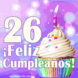 Animación de un cupcake con cobertura blanca, confites de colores, una vela encendida y el número 26 en grande sobre un fondo púrpura con luces brillantes.