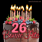 GIF animé pour un 26e anniversaire avec un somptueux gâteau au chocolat décoré de baies fraîches, des bougies allumées et le texte '26 Bonne Fête!' en rouge.