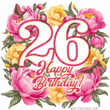 A celebratory GIF image features the animated number '26' and the words 'Happy Birthday!' surrounded by pink and yellow flowers. Two moving butterflies are included in this festive design.