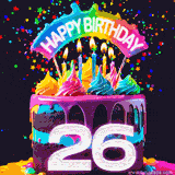 Chocolate cake with cyan layers, pink dressing and a big number 26 adorned with vibrant multicolored frosting, lit candles, and a rainbow topper with text that says 'Happy Birthday'. Animated colorful confetti move behind the cake.