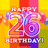 A birthday cake with lit candles is shown with colorful balloons and animated confetti.