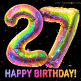 Shiny number 27 birthday celebration balloons with an iridescent glow and glitter on a black background with twinkling stars.