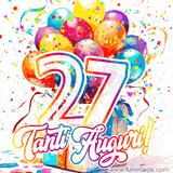 Animazione con palloncini colorati e scintillanti, accompagnata dal numero 27 in caratteri grandi e luminosi, e la scritta 'Tanti Auguri!' in stile vivace.