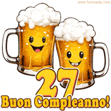 Due boccali di birra sorridenti animati, con il numero 27 e la scritta 'Buon Compleanno!' in caratteri allegri su uno sfondo bianco.