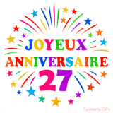 GIF animé joyeux anniversaire 27 ans avec étoiles multicolores et feu d’artifice