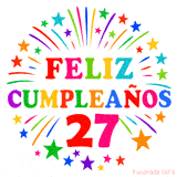 Imagen animada para felicitar los 27 años con letras de colores y diseño festivo.