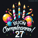 Augura buon compleanno ai 27 anni con questa GIF colorata e festosa: palloncini, stelle e candele per un augurio digitale indimenticabile