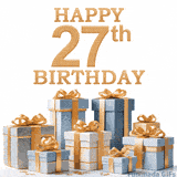 Festive animated eCard with elegant 'Happy 27th Birthday' text above a pile of luxurious blue, white, and gold gift boxes and presents.