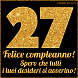 Un GIF animato per un 27° compleanno, Presenta il testo 'Buon Compleanno 27' su uno sfondo giallo vivo con palloncini colorati, festoni e una pioggia di coriandoli.