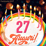 Un'animazione celebrativa di una torta di compleanno per i 27 anni, Le fiamme delle candeline tremolano e delle scintille brillano intorno, creando un'atmosfera festosa e magica.