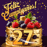 Una animación de celebración de una tarta para el 27º cumpleaños, Estrellas doradas caen del cielo, destacando el texto '¡Feliz Cumpleaños!' y el número dorado 27 en la tarta.