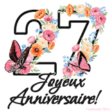 Ce GIF de Joyeux 27ème Anniversaire présente le nombre vingt rempli d'un bouquet vibrant de fleurs animées, avec des papillons qui bougent doucement sur un fond blanc.