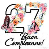 Questo GIF di Buon 27° Compleanno mostra il numero venti riempito con un vibrante bouquet di fiori animati, con farfalle che si muovono dolcemente su uno sfondo bianco.
