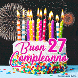GIF buon compleanno 27 anni con torta alla panna, scritte rosa eleganti e uno sfondo animato con scintille e fuochi d'artificio.