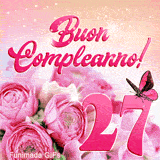 GIF buon compleanno 27 anni con bouquet di rose, numero rosa gigante e una farfalla delicata su uno sfondo aranciato e brillante.