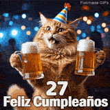 Felino de color pelirrojo con la boca abierta agarrando jarras de cerveza. Lleva un gorro festivo y se lee el texto 27 Feliz Cumpleaños.