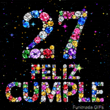 Diseño sobre fondo negro con diminutas estrellas brillantes que muestra el número 27 y el mensaje FELIZ CUMPLE compuestos por diamantes.