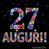Animazione con il numero 27 e la parola Auguri creati da pietre preziose colorate, con un effetto scintillante su sfondo nero.