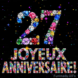 Image animée montrant le chiffre 27 et le texte Joyeux Anniversaire composés de pierres précieuses, avec un effet de scintillement sur fond noir.