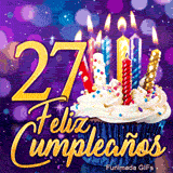 Tarjeta virtual animada 27 años representando un pastelito mágico con velas encendidas y el número 27 en oro.