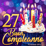 Biglietto virtuale animato 27 anni rappresentante un dolcetto magico con candeline accese e il numero 27 in oro.