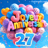 Sur fond de ciel bleu nuageux, un ensemble de ballons festifs présente l'inscription 3D Joyeux Anniversaire et le chiffre bleu 27 suspendu.
