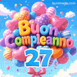 Sullo sfondo di un cielo azzurro nuvoloso, un insieme di palloncini festosi presenta l'iscrizione 3D Buon Compleanno e il numero azzurro 27 sospeso.