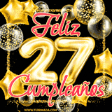 A large of balloons in various shapes, sizes, and colors with the words 'Happy Birthday' and a number 27