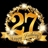 A golden 27th birthday GIF features a decorative circle and ribbon. The design sparkles with light and gold accents against a black background.