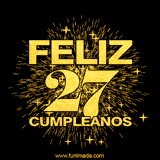 GIF animado con un diseño dorado, mostrando el número 27 rodeado de fuegos artificiales y luces que resaltan una atmósfera festiva y vibrante.