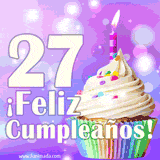 Animación de un cupcake con cobertura blanca, confites de colores, una vela encendida y el número 27 en grande sobre un fondo púrpura con luces brillantes.