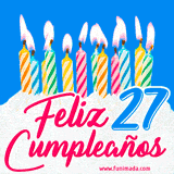 Animación de un pastel decorado con velas coloridas y encendidas, el número 27 destacado en azul y la frase 'Feliz cumpleaños' en letras estilizadas.