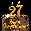 Buon compleanno 27 anni GIF. Torta al cioccolato e candele.